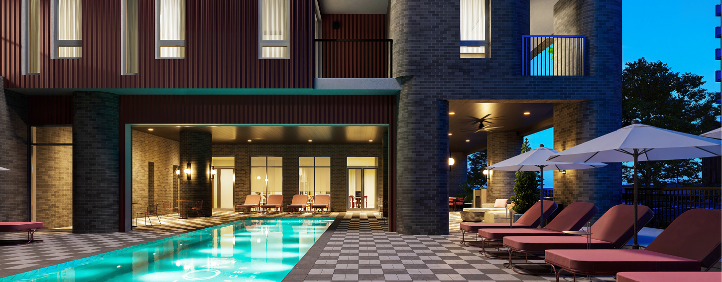 A heated pool, covered deck, and outdoor lounge make space for sun, shade, and staying awhile